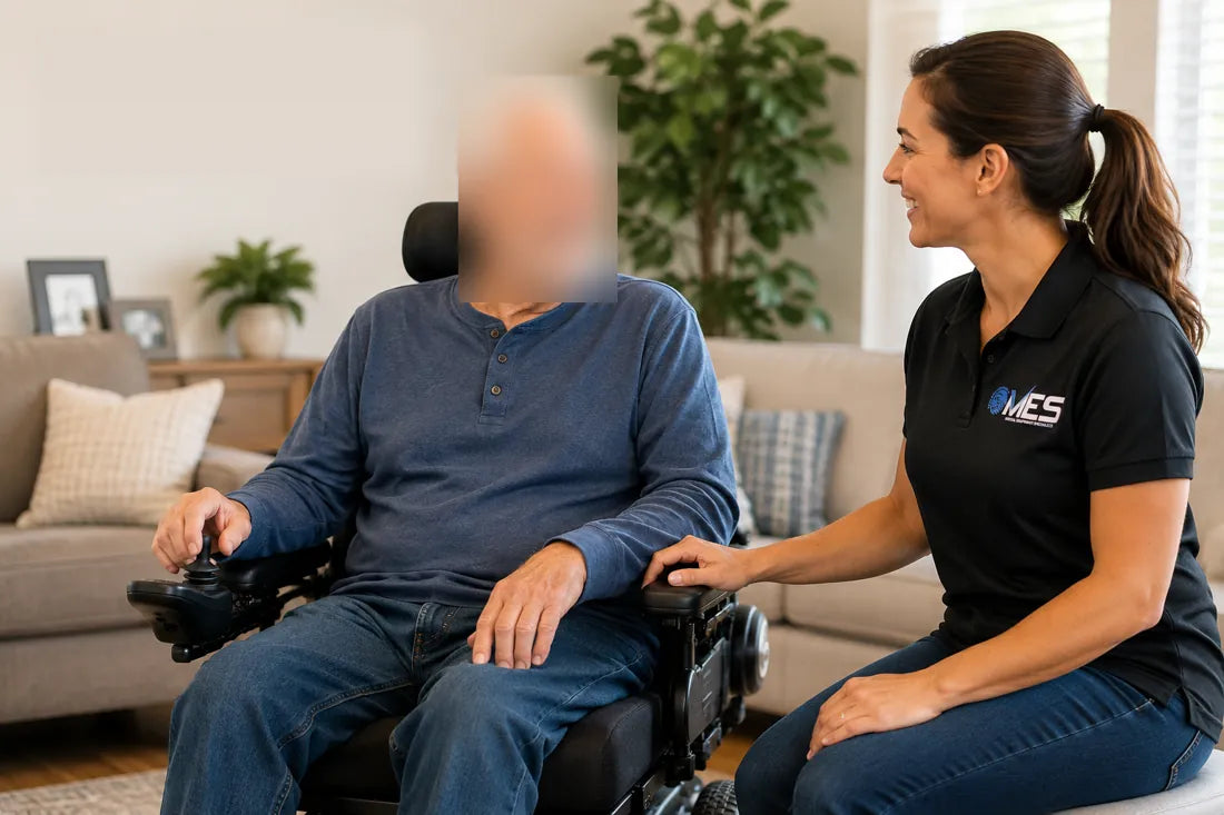 Medical Equipment Specialists team member visiting a client in his power wheelchair at home